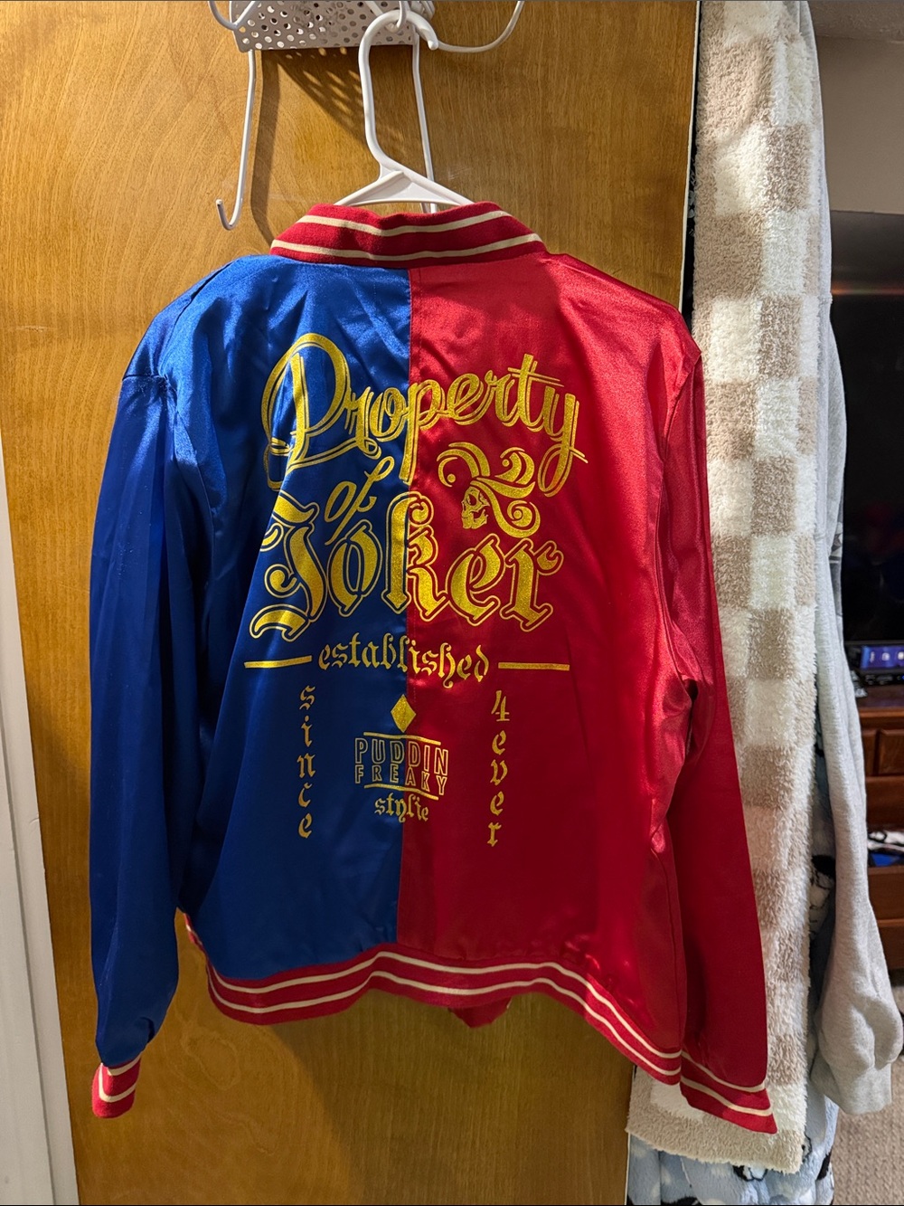 Blue & Red Satin Varsity Jacket with Gold 'Property of Joker' Embroidery